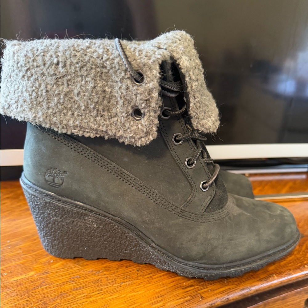 Timberland Black Wedge Boots with Cozy Sherpa